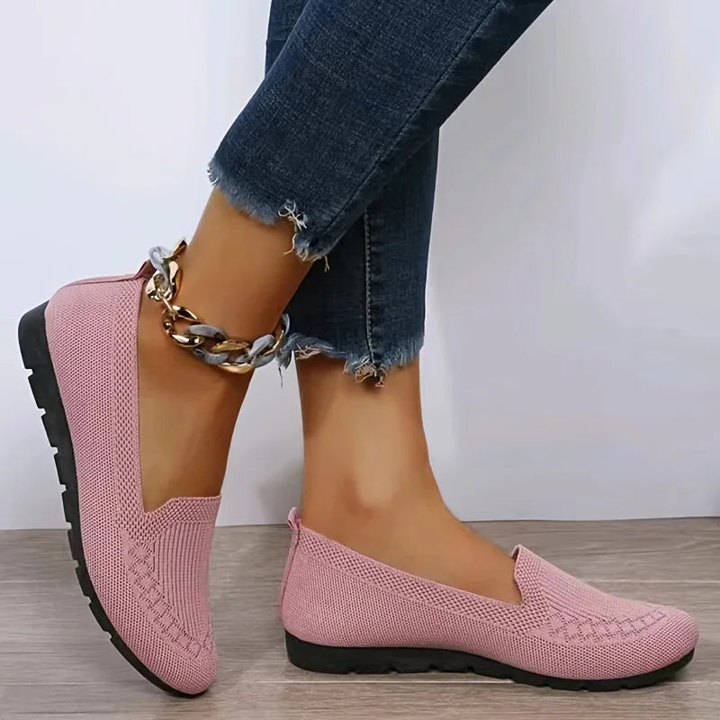 Women's Solid Color Knit Loafers Lightweight Anti Slip Flat Shoes for Casual Wear LadyShow.Store