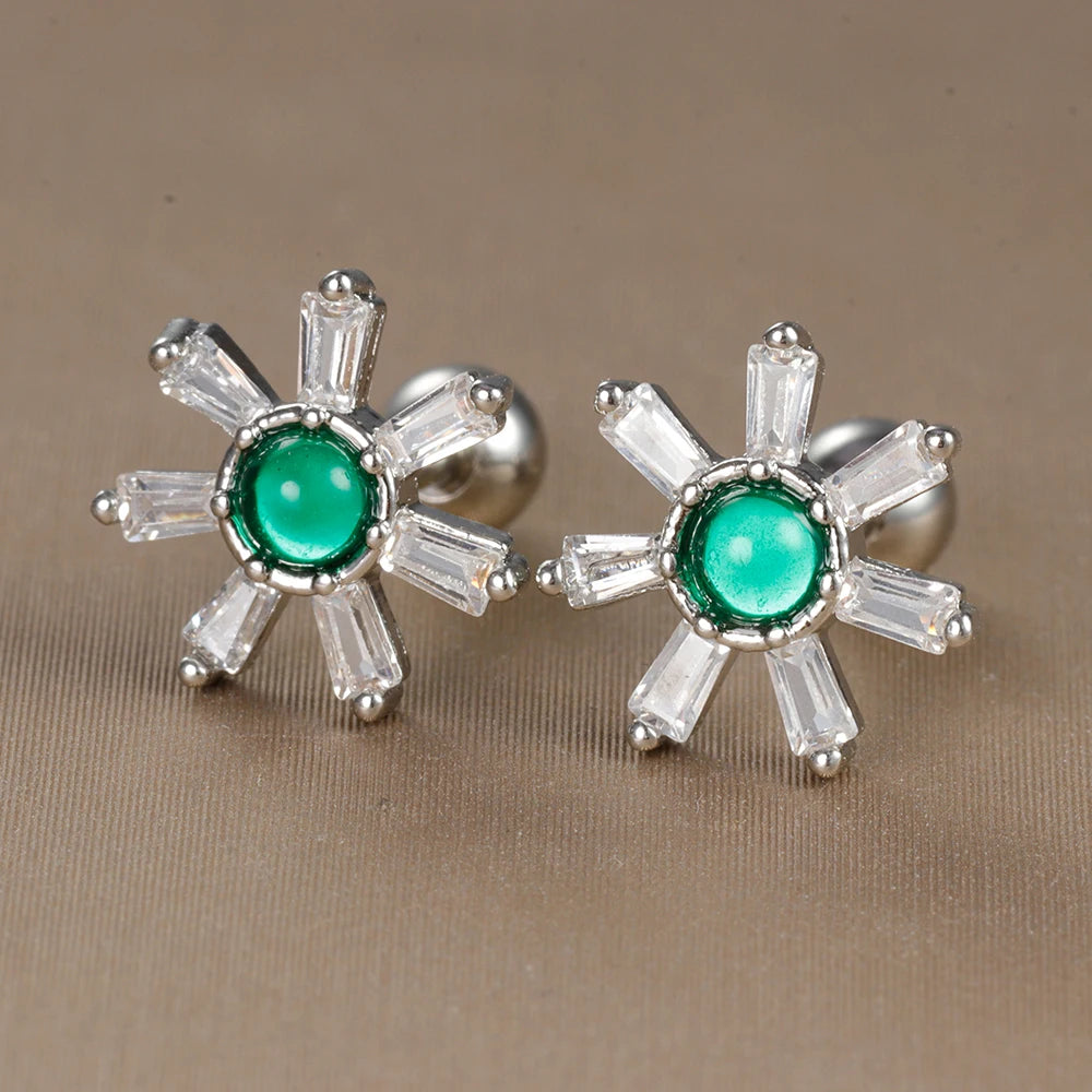 2PC Stainless Steel Little Stud Earring for Women Tiny Green Crystal Zirconia Cartilage Helix Tragus Piercing Earrings Jewelry Pi-Mart