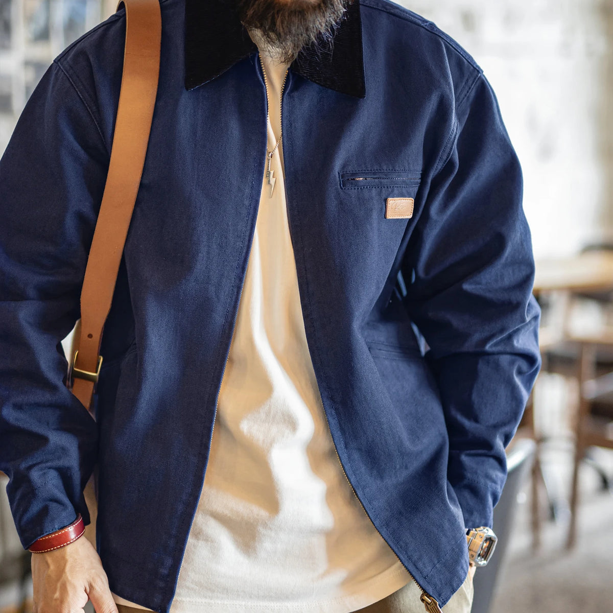 Maden Men's Retro J001 Detroit Jacket Heavyweight Canvas Hunting Coat Lapel Collar Work Jackets with Zipper for Spring Fall Pi-Mart