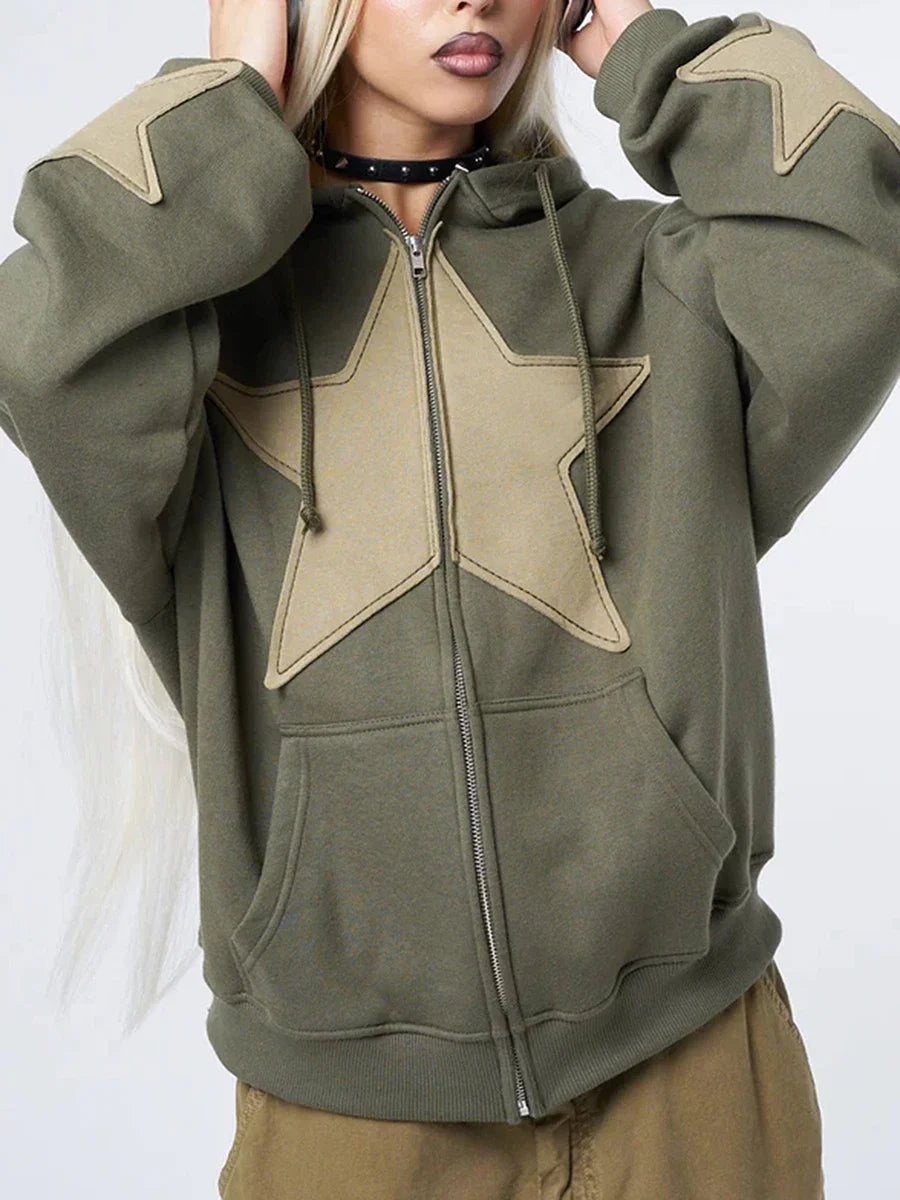 Y2K Vintage Star Print Hooded Hoodie for Women Casual Loose Long Sleeve Zip Up Drawstring Sweatshirts Autumn Spring Coat Street LadyShow.Store