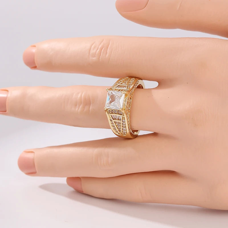 Aesthetic Inlaid White CZ Women's Ring Dazzling Gold Color Geometry Daily Wear Party Jewelry Anniversary Gift Pi-Mart