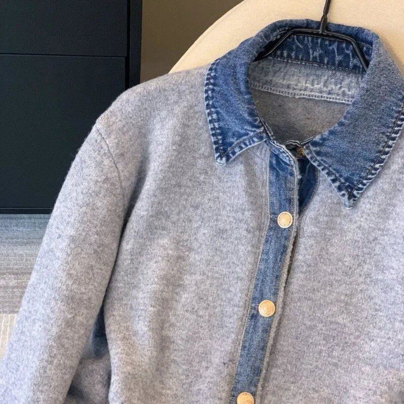 Chic Denim Collar Stitching Fake Two-piece Sweater Women's Cardigan New Single Breasted Knitted Jacket Coat Female Outwear LadyShow.Store