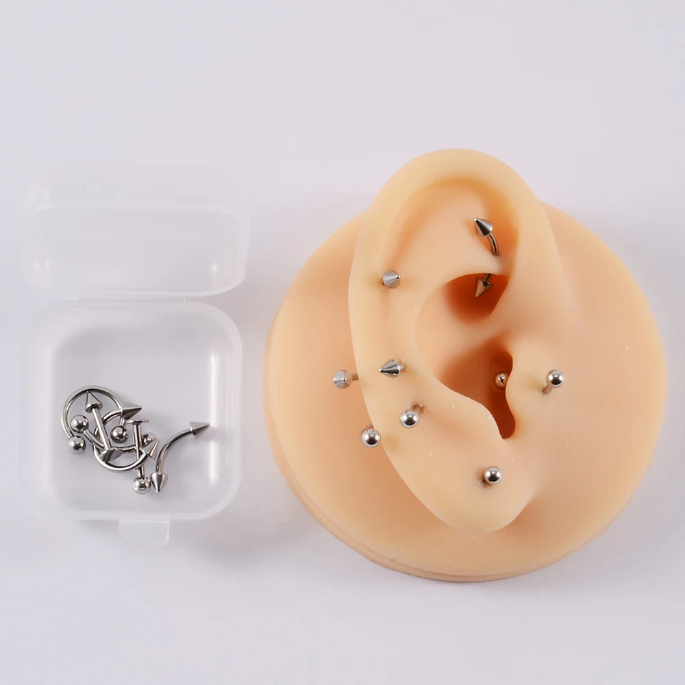 12pcs/Set Surgical Steel Silver Color Gold Plated Black Rainbow Ear Nose Eyebrow Labret Basic Piercing Jewelry Set 8mm Pi-Mart