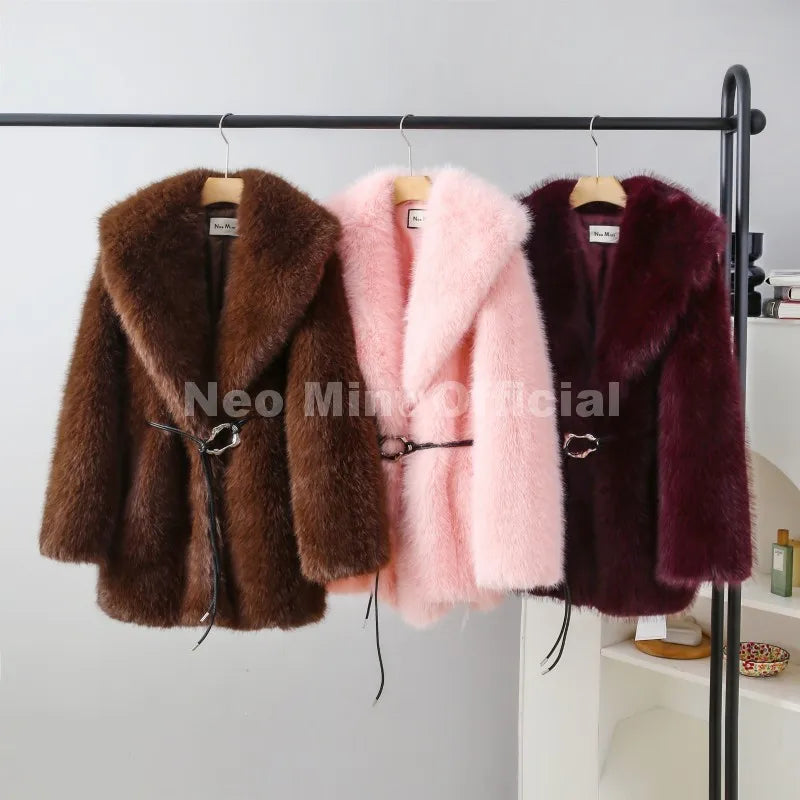 Neo Mint 2025 Winter Hot Brown Belted Faux Fur Coat Women Thick Warm Long Fox Fur Jacket Chic Brand Fashion Girls Furry Overcoat LadyShow.Store