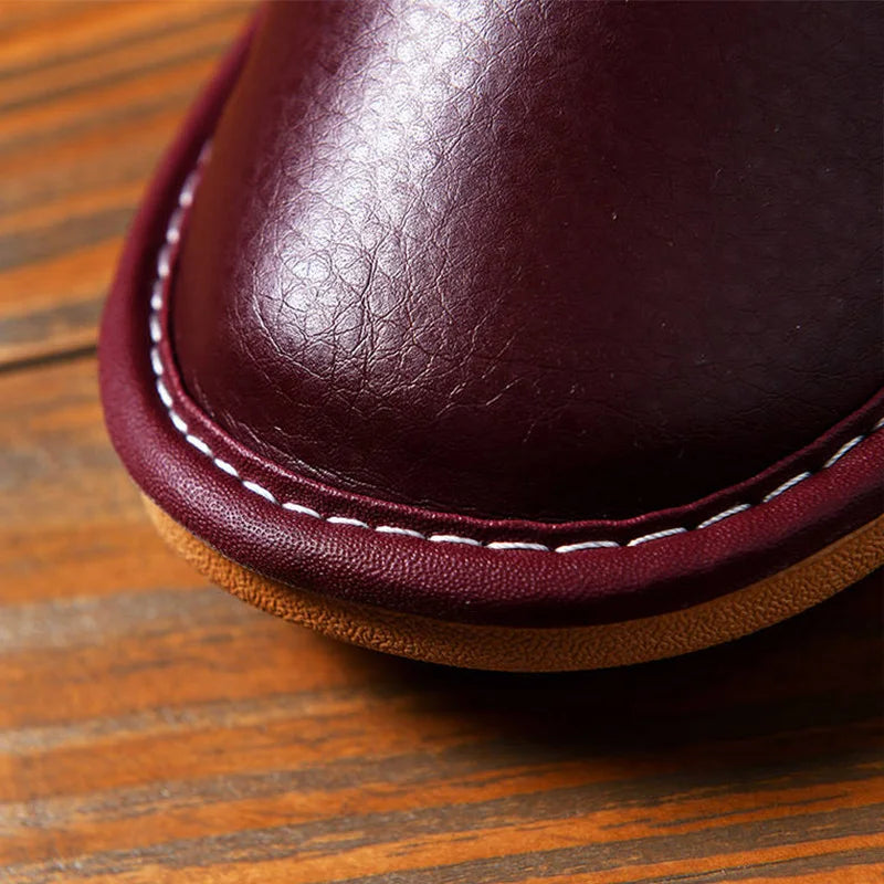 Luxury Men Leather Handmade Women Home Slippers Autumn Winter Plush Slip on Soft Black Brown Bedroom Indoor Flat Men Shoes Pi-Mart