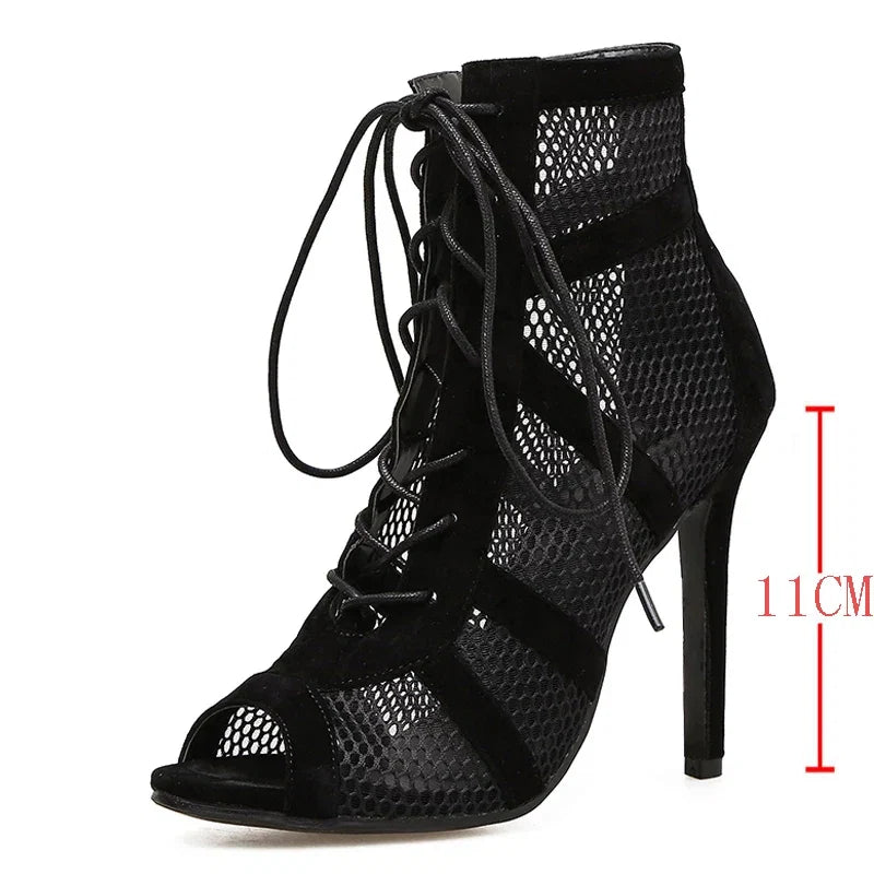 Black Sexy Lace Up Cross-tied Women Shoes Comfort High Quality Thin Heels Open Toe Dancing Sandals Ankle Strap Hollow Out Pumps LadyShow.Store