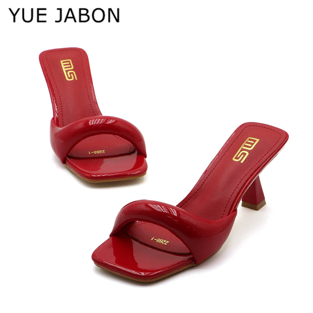 Black Red High Heel Slippers Women Open Toe Slingback Sandals Female Pumps Square Toe Summer Simple Designer Heeled Sandals LadyShow.Store