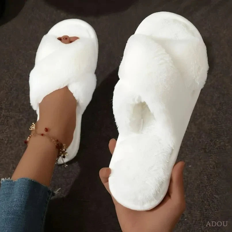 Winter Warm Slipper Women Fur Plush Indoor Lazy Thermal Furry Home House Fuzzy Cross Shoe Flat Flip Flop Leopard Print Fluffy LadyShow.Store