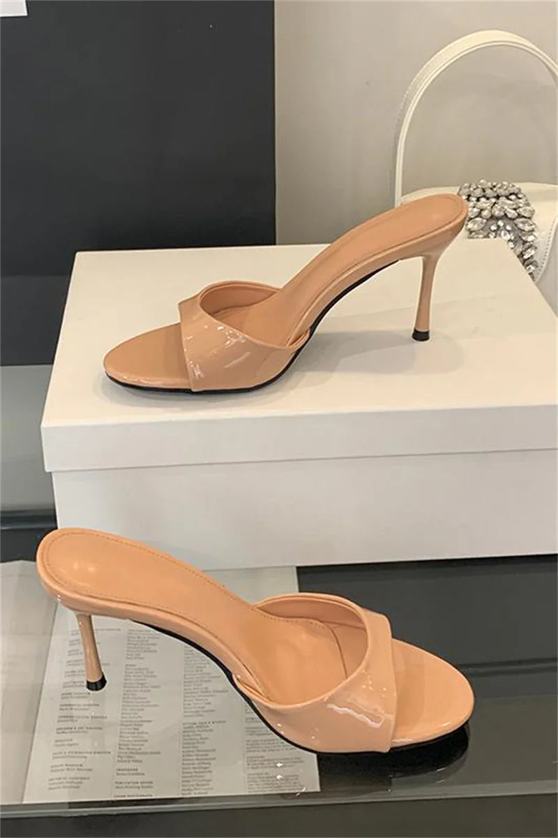 Liyke Wine Red Patent Leather Women Slippers Sandals Fashion Round Open Toe Thin High Heels Mules Slides Summer Party Dress Shoe Pi-Mart