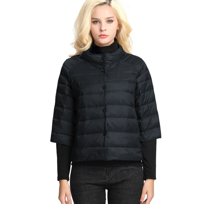 Women's puffer jacket Light and short style  Autumn Thin Down jacket  three Quarter Sleeves  Stand Collar  Fashionable Coat LadyShow.Store