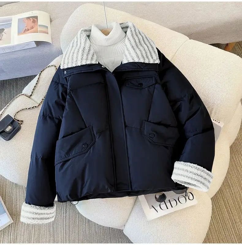 Women Lapel Collar Parkas Jacket Autumn Winter Femme Short Cotton Padded Coat Lady Fashion Long Sleeves Puffer Outwear LadyShow.Store