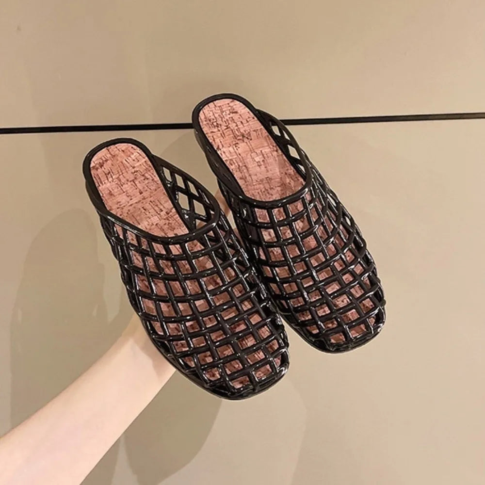Round Toe PVC Crystal Slippers Non-Slip Soft Fishing Net Jelly Sandals Flat Low Bottom Transparent DIY Shoes Charms Shoes LadyShow.Store