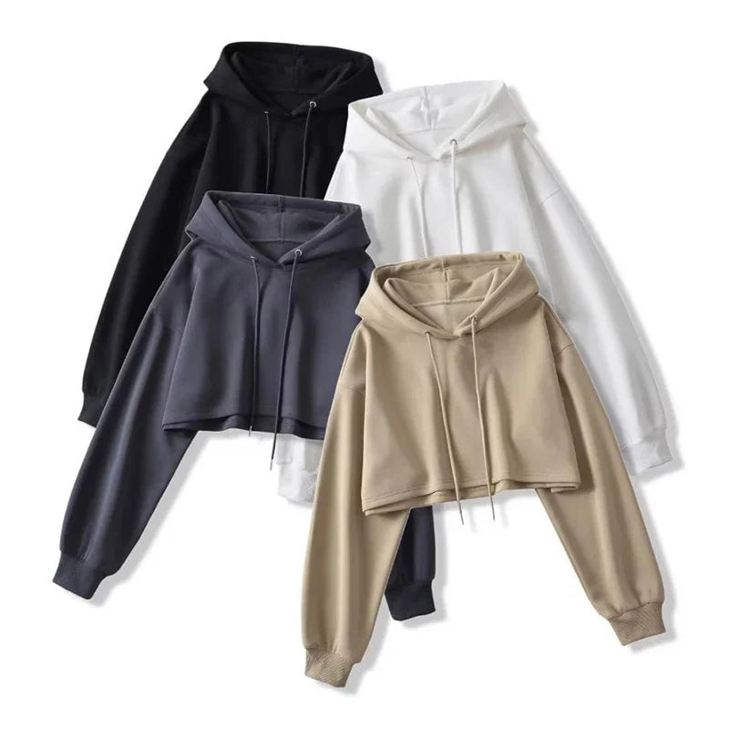 Sexy Short Hooded Sweatshirts Women Fashion Solid Color Long Sleeve Crop Tops Korean Streetwear Pullover Hoodies Female LadyShow.Store