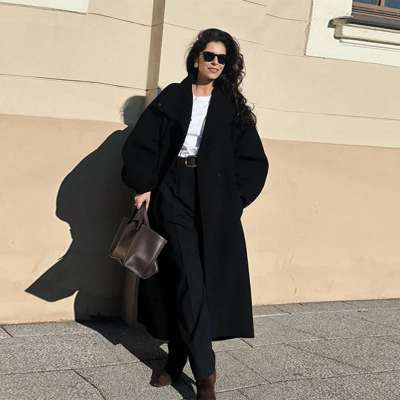 Women's Elegant Faux Suede Long Jacket Stand Collar Bat Sleeve Solid Overcoat Outwears 2025 Autumn Winter Female Streetwears LadyShow.Store