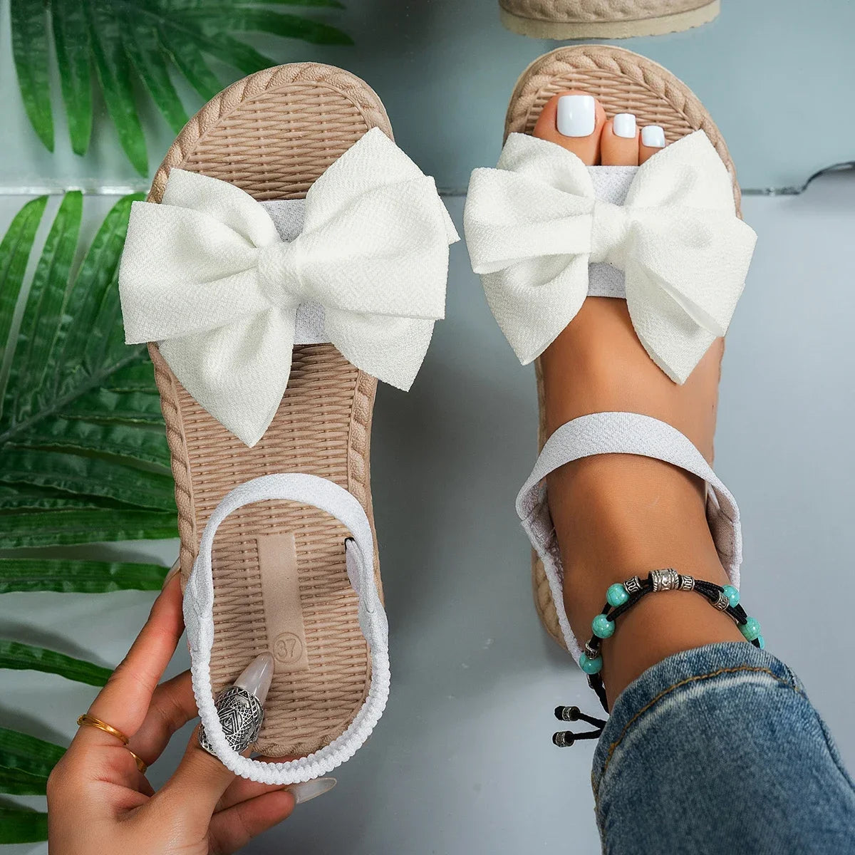 Women Sandals 2024 New Summer Lightweight Sandals Fashion Beach Casual Slippers Outdoor Bow Tie Flat Shoes Home Slides Women LadyShow.Store