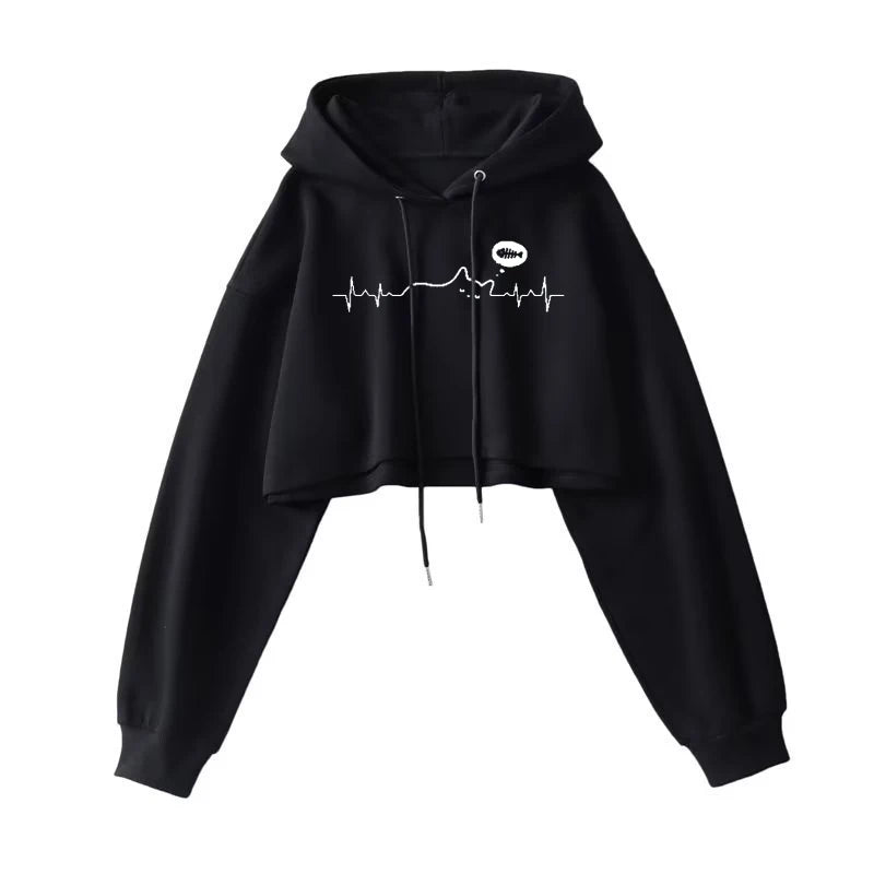 Sexy Short Hooded Sweatshirts Women Fashion Solid Color Long Sleeve Crop Tops Korean Streetwear Pullover Hoodies Female LadyShow.Store
