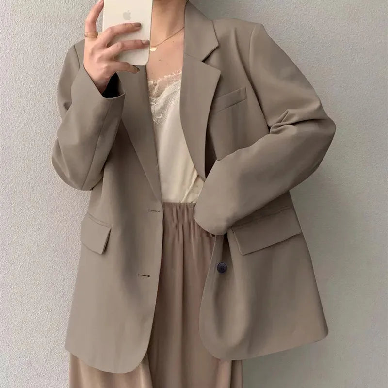 Mid Length Blazer Jacket Women Solid Long Sleeve Pocket Lapel Single Beasted Formal Coat Outerwear Loose Work Casual Blazers Pi-Mart