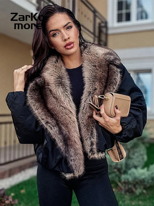 Fashion Faux Fur Patchwork Cotton Coat Women Lapel Zipper Pocket Cropped Street Warm Jacket 2026 Winter Lady Puffer Jackets New Pi-Mart