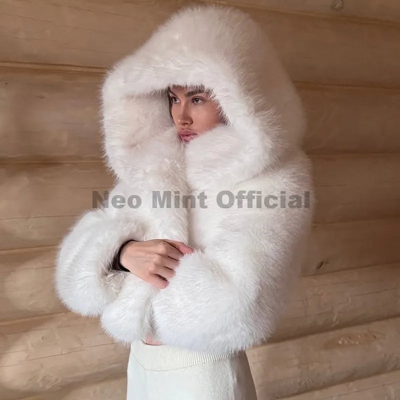 Neo Mint Winter 2025 Pure White Mountain Fashion Hooded Cropped Faux Fur Coat Women Fluffy Eco Fox Fur Jacket Girls Hot Overcoat LadyShow.Store