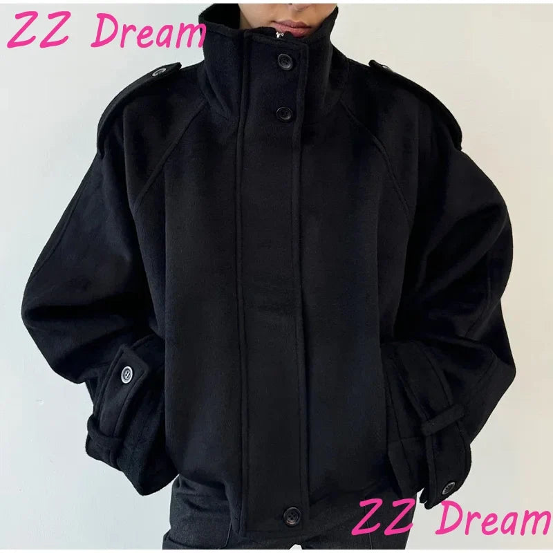 Fashion Short Woolen Coat For Women Stand Collar Full Sleeve Loose Zipper Jacket Female 2025 Spring Autumn Solid Lady Outwear LadyShow.Store
