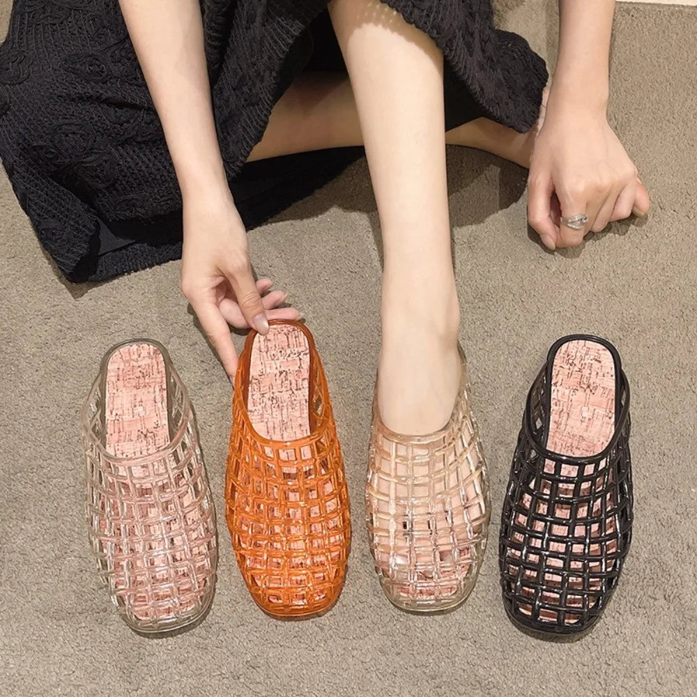Round Toe PVC Crystal Slippers Non-Slip Soft Fishing Net Jelly Sandals Flat Low Bottom Transparent DIY Shoes Charms Shoes LadyShow.Store