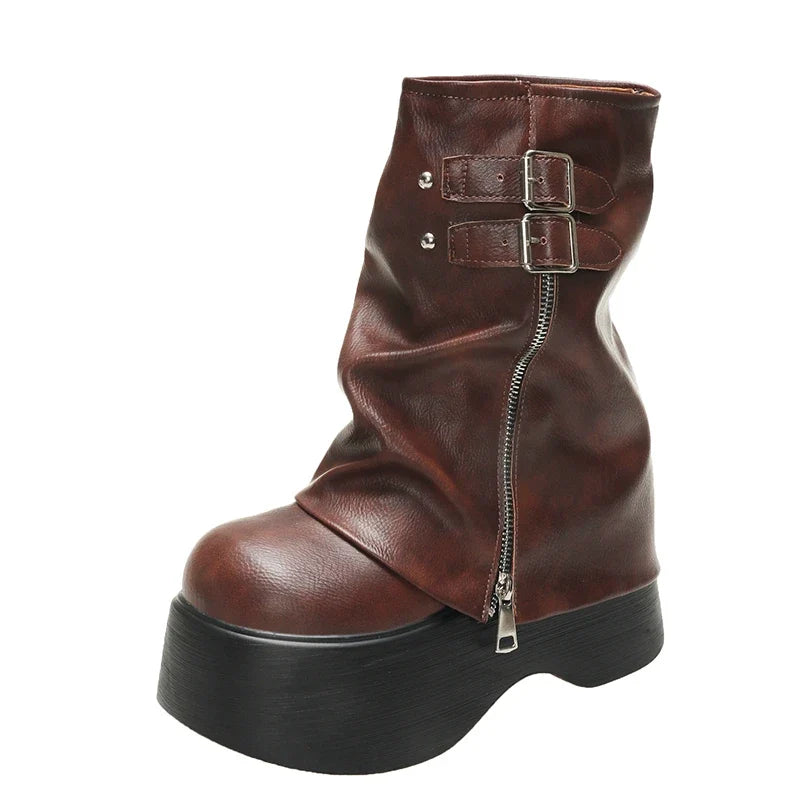 Soft Leather Ankle Mid Calf Boots Winter Autumn High Platform Wedge British Booties Woman New Ladies Chunky Motorcycle Boots 9CM LadyShow.Store