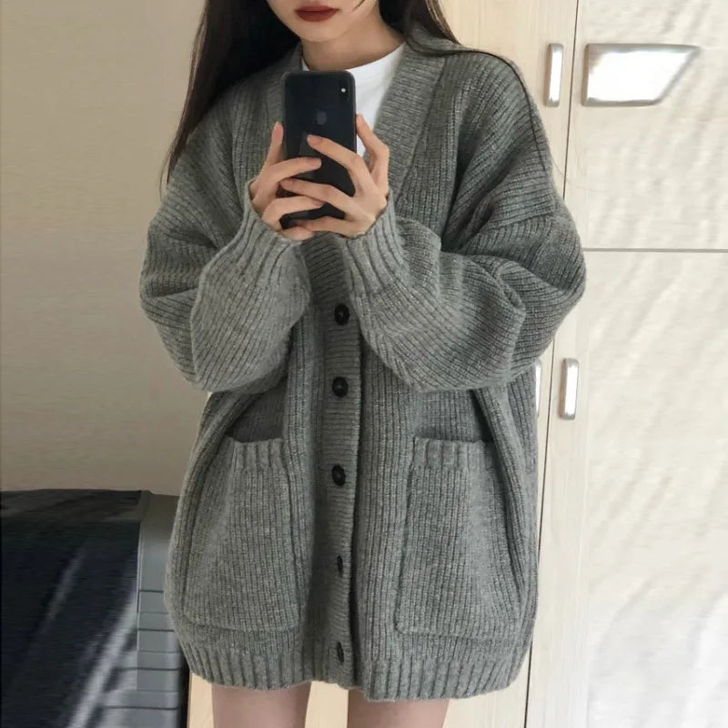 Autumn Winter Women Cardigan Sweater Coats Fashion Female Long Sleeve V-neck Loose Knitted Jackets Casual Sweater Cardigans LadyShow.Store