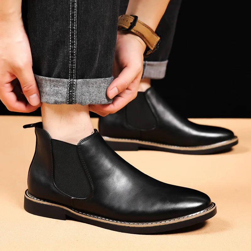 YRZL 39~47 Men Chelsea Boots Brand Retro Comfortable PU Leather Ankle Boots Men 2025 Fashion Black Brown Mens Boots Pi-Mart