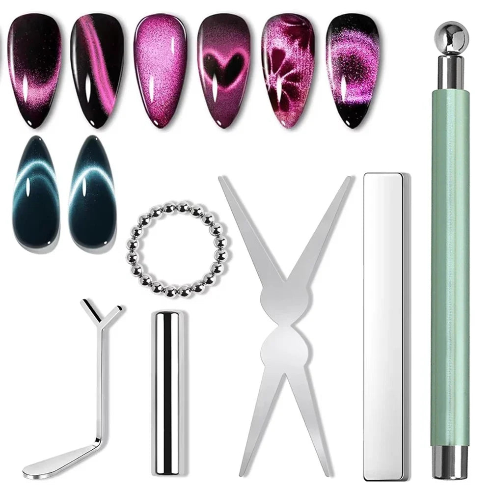 YIKOOLIN 6Pcs Cat Eye Magnet Set French Tip Heart & Flower Design Nail Art Gel Polish Manicure Tools for DIY Nail Art Tri Light Beauty