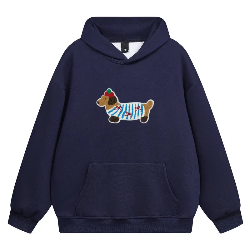Women Sweatshirt Streetwear Couples Tops Casual Loose Hoodie Autumn Winter Cartoon Dog Embroidery Hooded Pullover LadyShow.Store