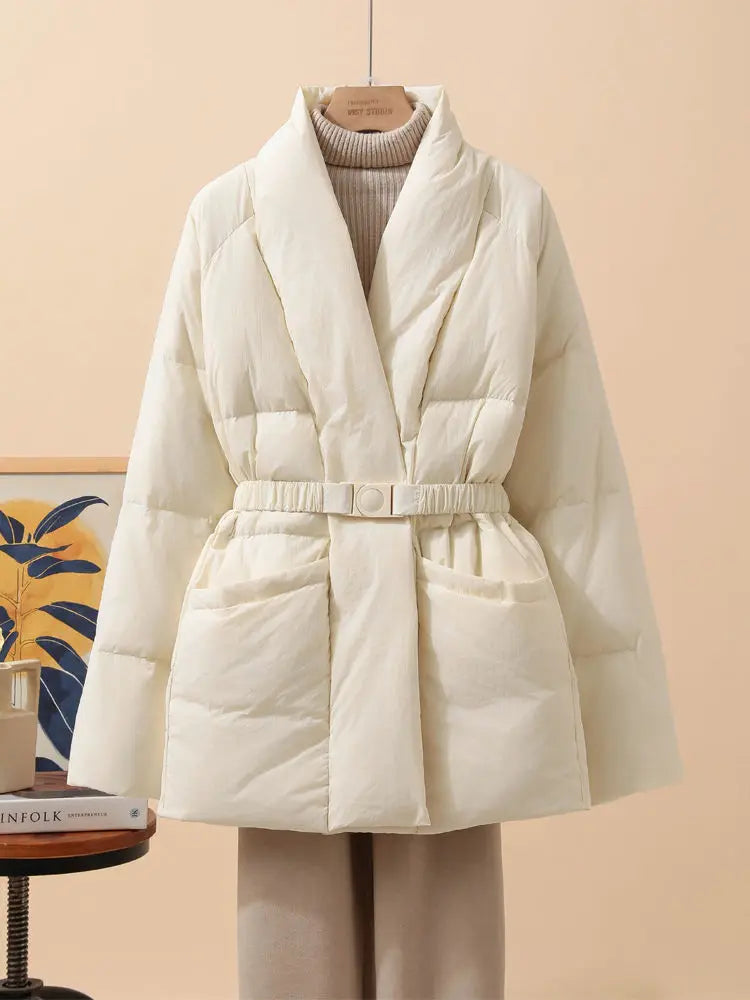 New Fashion Temperament Cotton Coat Women Winter Warm Solid Color V-neck Gathered Waist Jacket Coats Parkas with Belt LadyShow.Store