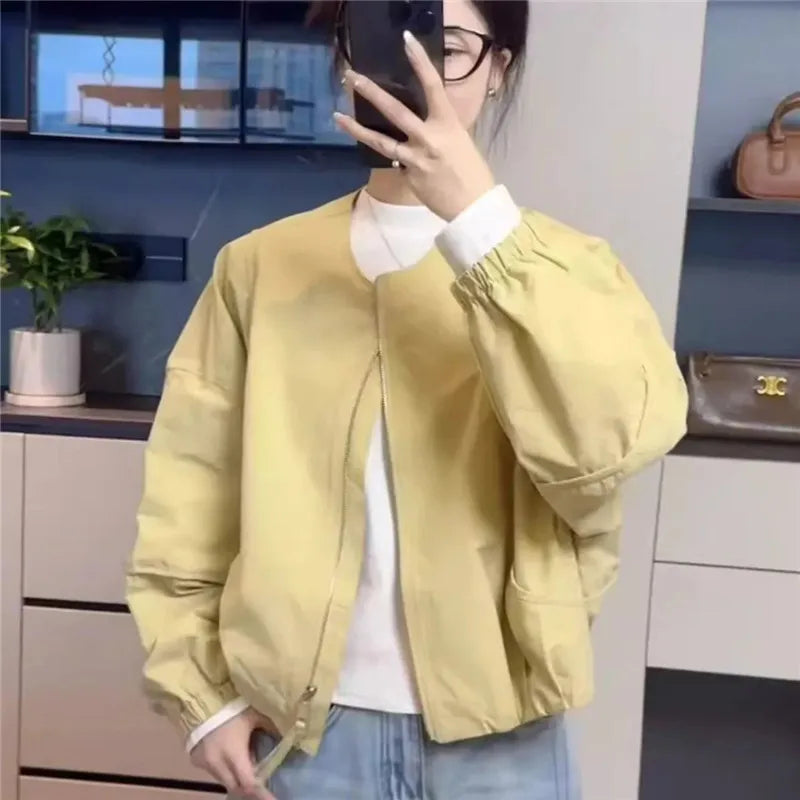Korean Version Simple Women's Round Neck Solid Color Short Coat 2026 Spring New Female Casual Loose Jacket Joker Little Overwear Pi-Mart