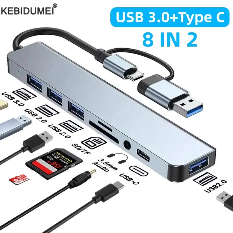 USB 3.0 Type C Adapter Docking Ststion USB 2.0 Port TF SD Card Reader Audio Output Multi-hub Splitter  for Macbook Pro Computer Pi-Mart