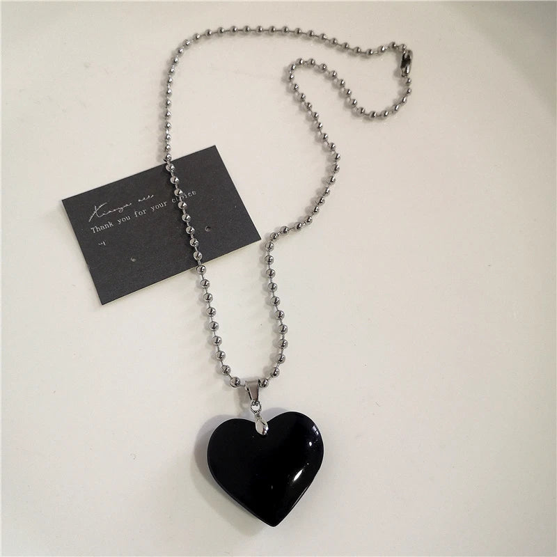 Punk Rock Black Heart Cross Pendant Chain Necklace For Men Women Cool Hip Hop Street Vintage 90s Y2K Grunge Goth Accessories Pi-Mart