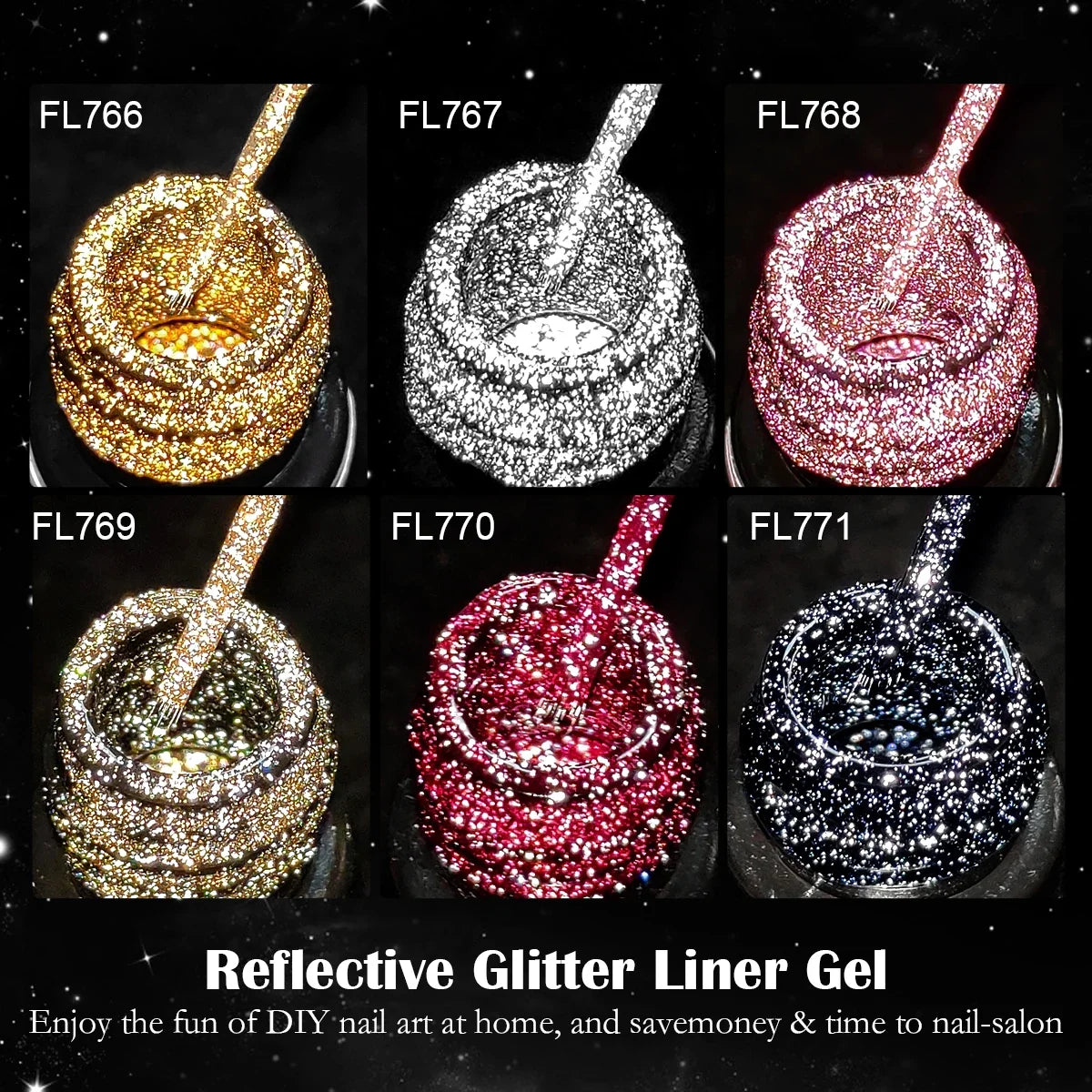 FOUR LILY 5ml Reflective Glitter Liner Nail Gel Polish Gold Silver Red Sparkling Nail Supplies UV/LED Varnish Painting Gel Tri Light Beauty