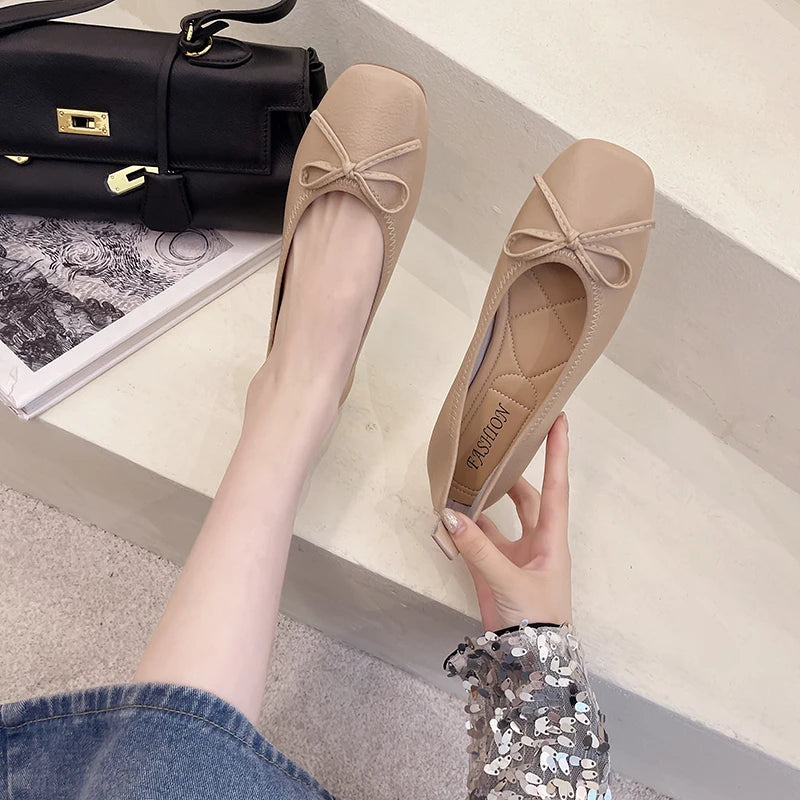 2026 Brand Women Flats Spring New Square Toe Bowknot Ladies Casual Ballet Shoes Big Size Slip on Soft Eelgant Dress Shoes 12457 Pi-Mart