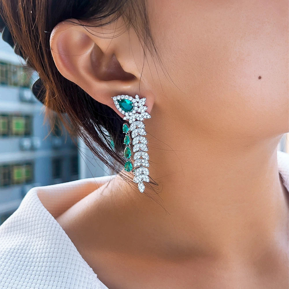 CWWZircons Dangling Leaf Drop Green Cubic Zirconia Luxury Long Earrings  for Women Beautiful Wedding Banquet Party Jewelry CZ959 Pi-Mart