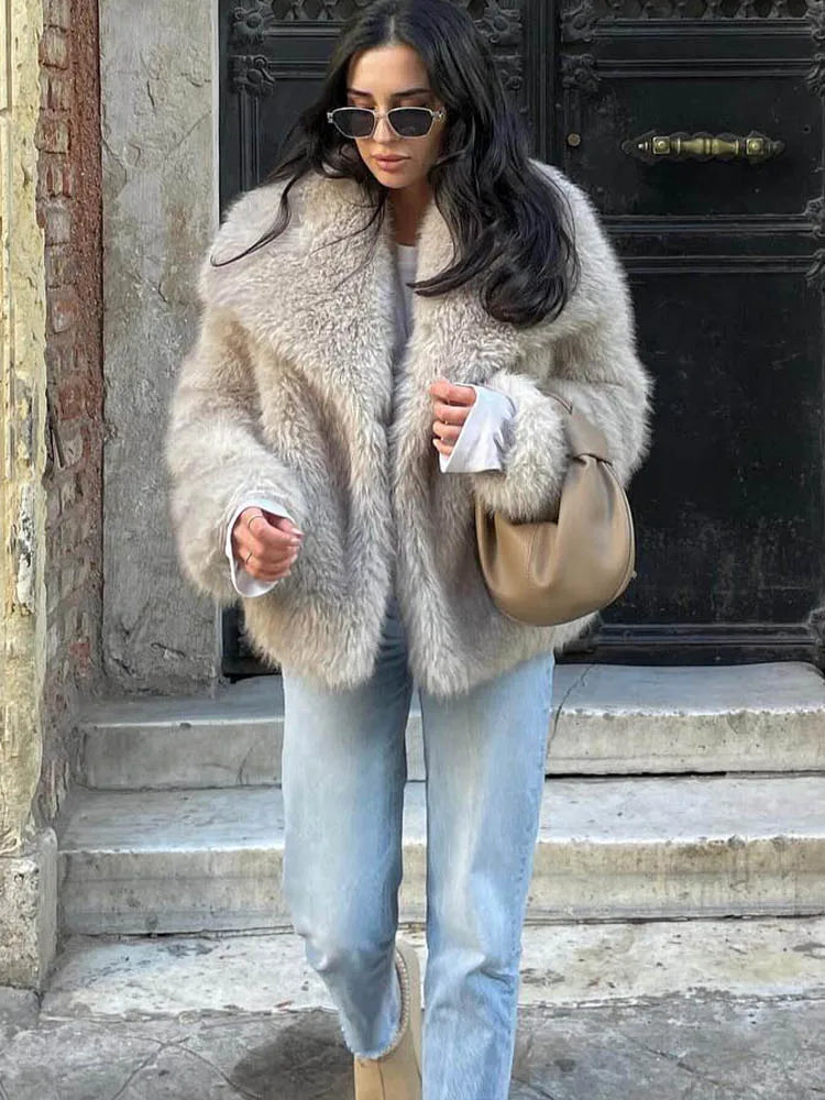 HH Women Fashion Cropped Faux Fur Jacket Coat Long Sleeve Front Snap-button Female Outerwear Chic Lapel Collar Thick Coat LadyShow.Store