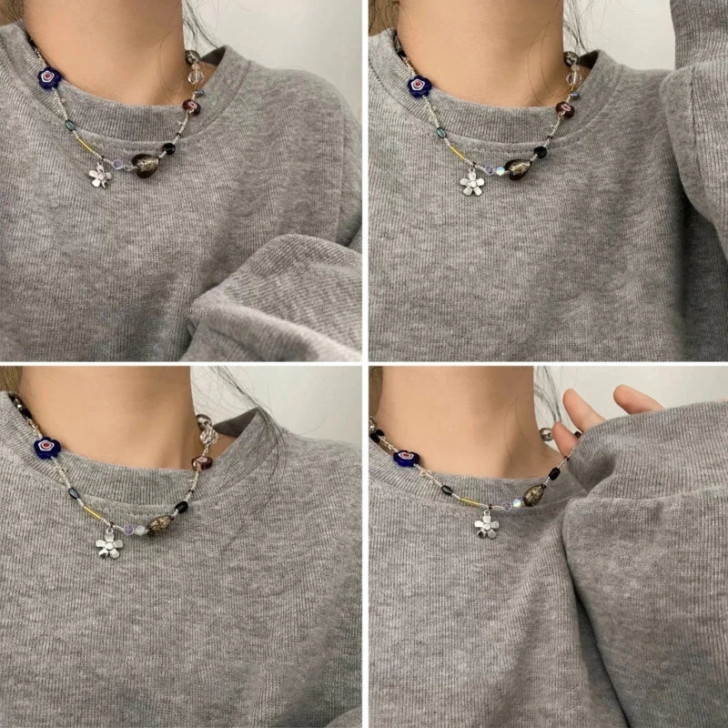 Acrylic Flower Pendant Necklace Crystal Class Gravel Beaded Necklace For Women Cool Y2K Choker Jewelry Exquisite Choker Pi-Mart