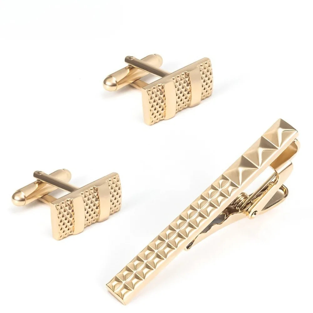 A Set New Stock High-End Electroplated Mesh Metal Tie Clip French Cufflinks Set for Men Premium Quality Stylish Grid Pi-Mart