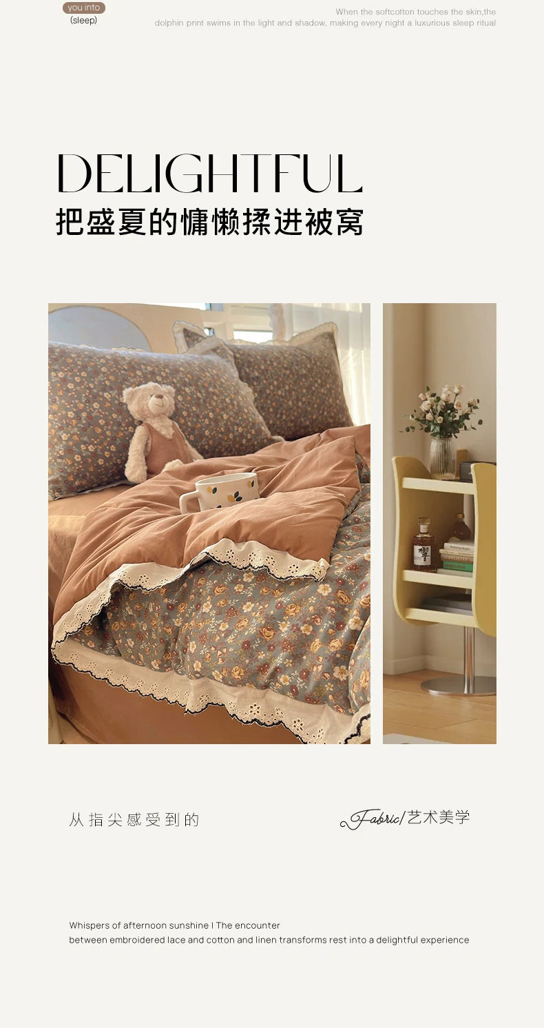Summer Quilt Korean Style Duvet with Lace Single/Queen Size Comforter Flower Printed Quilted Blanket 여름이불 (No Pillowcase) Pi-Mart