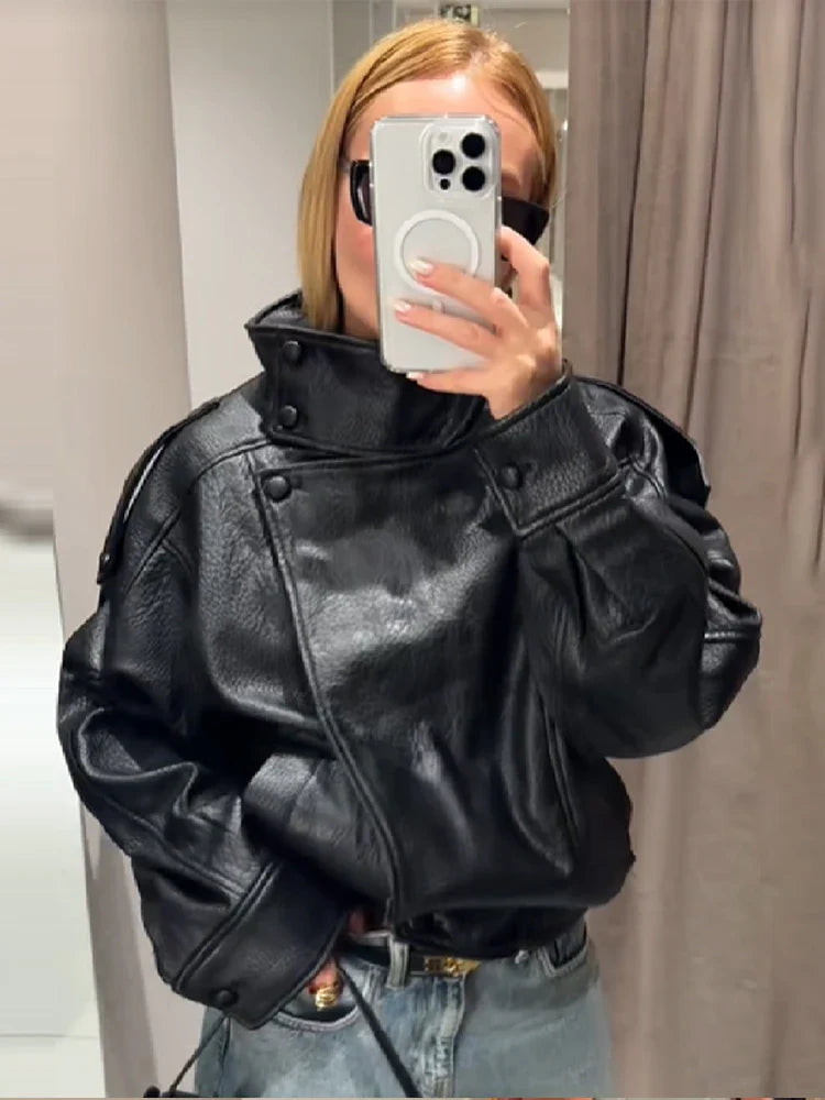 Women's Autumn Fashion Standing Collar Leather Jackets Windproof Loose Fold Coats Vintage Style High Street Outdoors Clothes LadyShow.Store