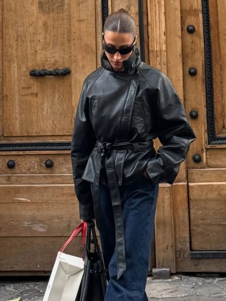 HH Women Fashion Black Short Faux Leather Trench Coat Long Sleeve Lapel Jacket With Belt Vintage Lady Motorcycle Jacket Outwear LadyShow.Store