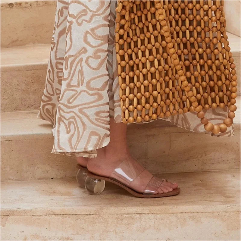 Crystal High Heels Square Toe Cool Slippers Women's European and American Fashion Word with Sandals Pi-Mart