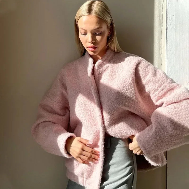 Talenza Women's Pink Short Fur Jacket Autumn Loose Fashion Long Sleeve Jacket Top Casual Stand Collar Pocket Button Warm Jacket LadyShow.Store