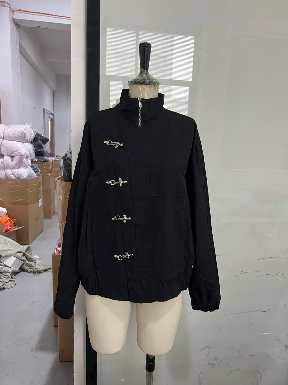2026 Single Breasted Buckle Zipper Design Versatile Jacket Lady Trendy Elegant Tops Spring Loose Casual Stand Collar Street Coat LadyShow.Store