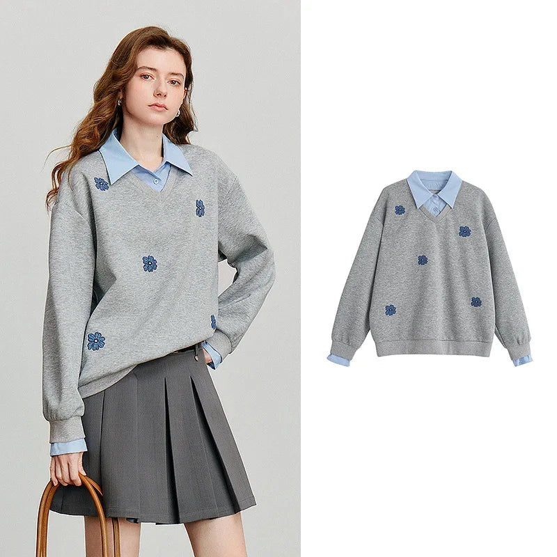 TOYOUTH Women Sweatshirt 2025 Autumn New Denim Flower Embroidery Fake Two Piece Splicing Turn Down Collar Cotton Casual Pullover LadyShow.Store
