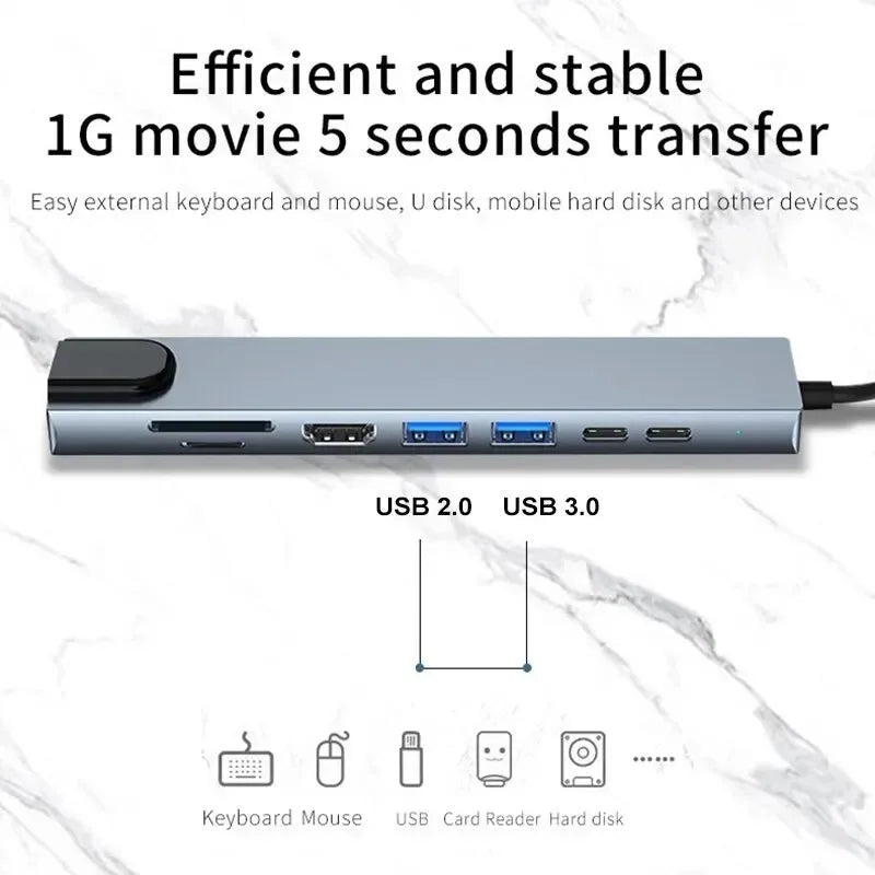 USB C Hub 8In1 7in2 7in1 Type C 3.1 To 4K HDMI Adapter with RJ45 SD/TF Card Reader PD Fast Charge for MacBook Notebook Laptop Pi-Mart