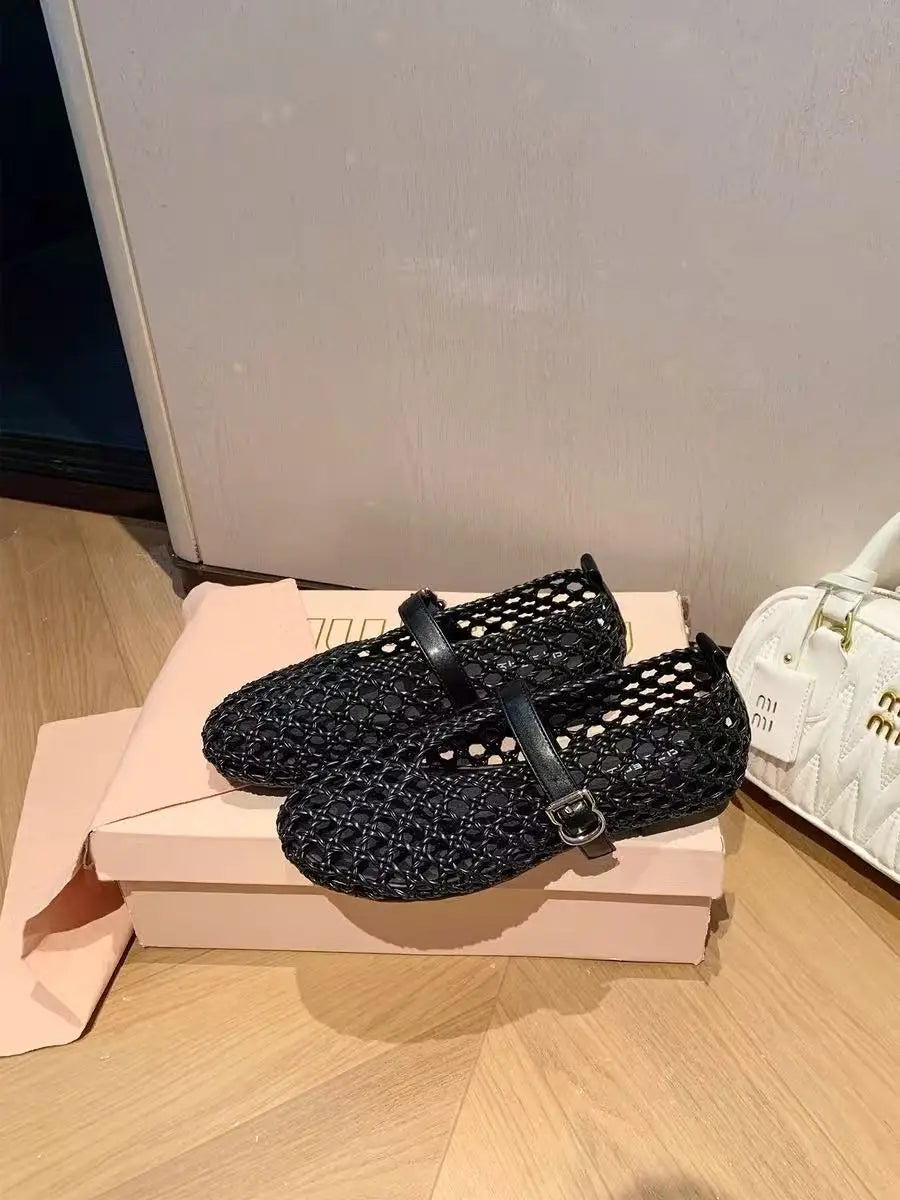 2026 Summer New Fashion Simple One-Buckle Vintage Flats for Women, Soft and Comfortable Ballet Shoes, Shallow Mouth Sandals Pi-Mart