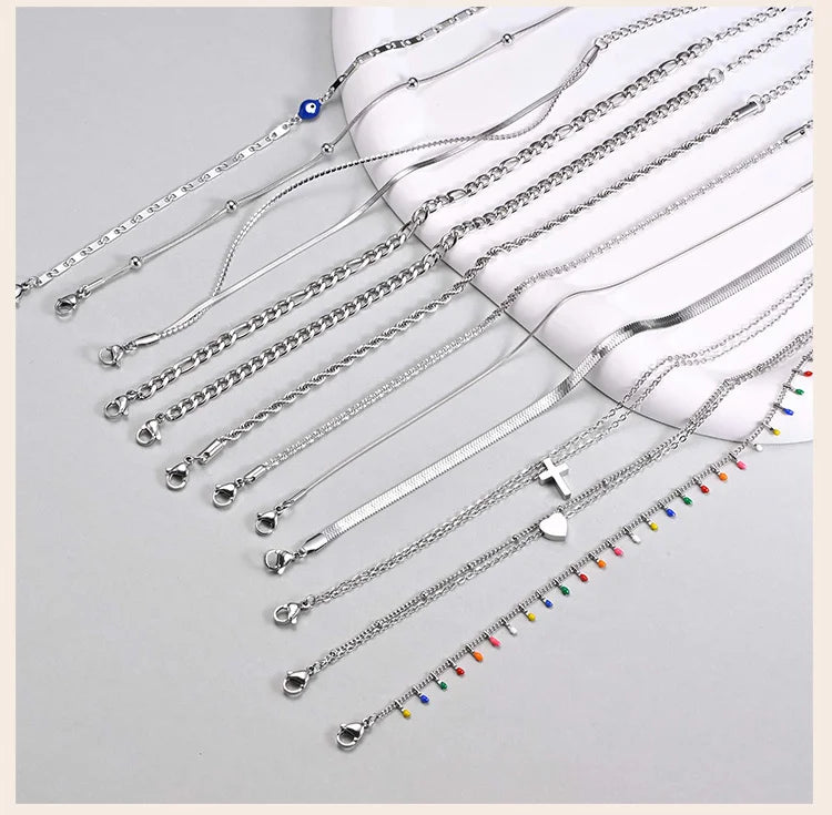 Silver Color Anklet Bracelets for Women Waterproof, Stainless Steel Layered Cuban Chain Herringbone Anklets Summer Beach Gift Pi-Mart